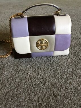 Tory Burch Patchwork Crossbody Bag in Lavender, Cream & Dark Brown
